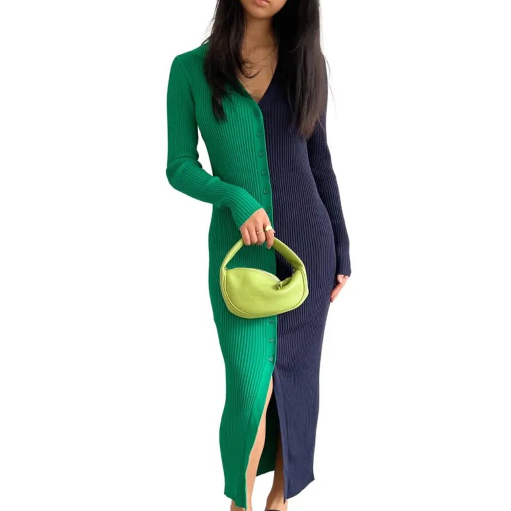 STAUD Green/Blue Knit Button-Up Sweater Dress XL